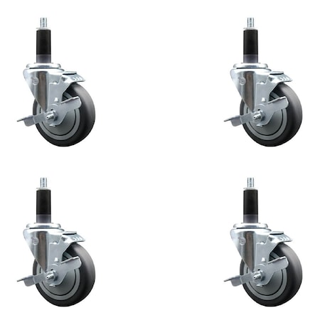 Service Caster 4'' Thermoplastic Rubber Swivel 1-1/8'' Expanding Stem Caster Set with Brake, 4PK SCC-EX20S414-TPRB-TLB-118-4
